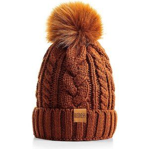 Womens Winter Warm Fleece Lined Knitted Soft Ski Cuff Beanie Hat with Pom Pom